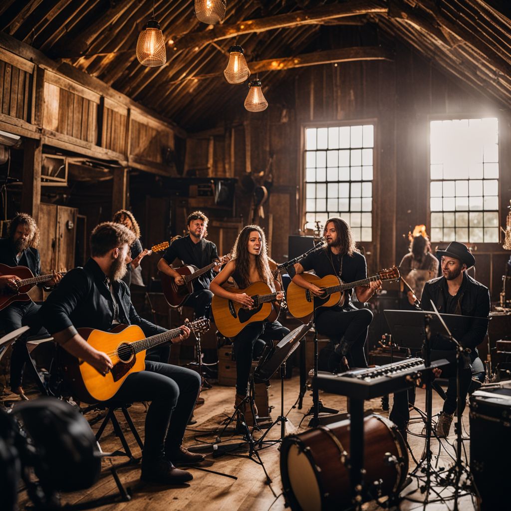 Band members playing lively acoustic instruments in a rustic barn setting.