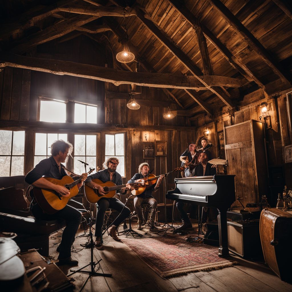 Four musicians playing in a rustic barn surrounded by vintage memorabilia.