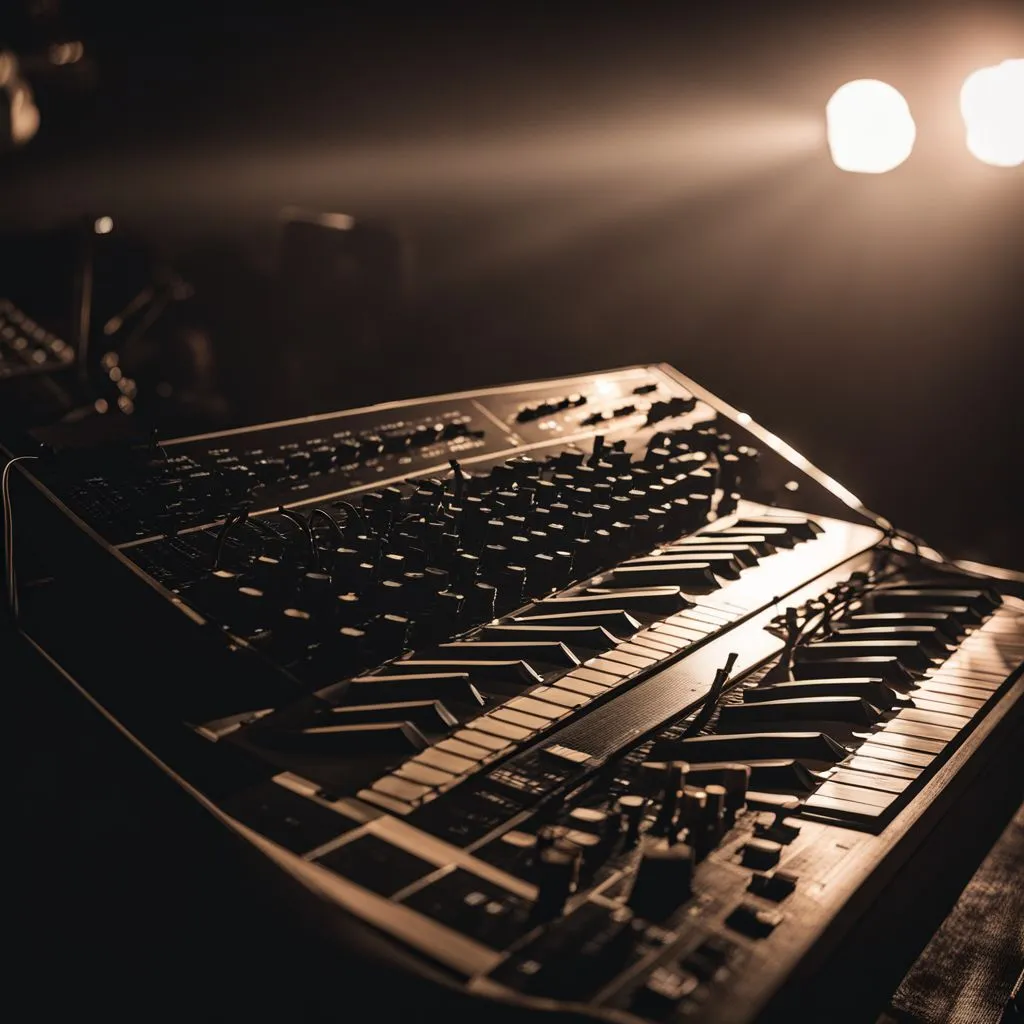 A vintage synthesizer in a bustling studio surrounded by music equipment.