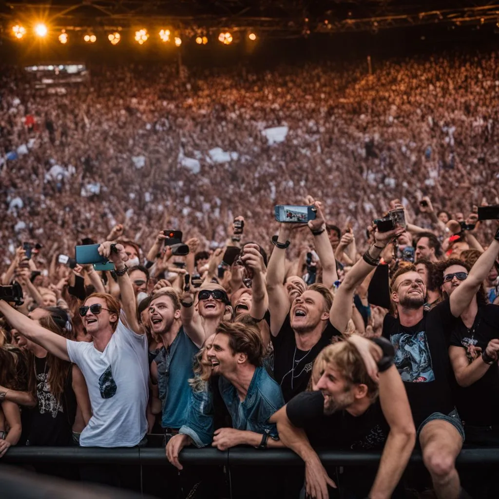 A crowd of fans cheering at a Depeche Mode concert.