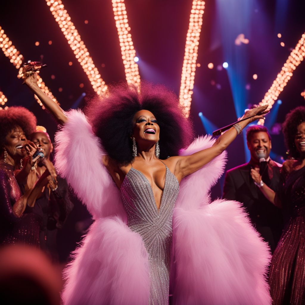Diana Ross performing on a grand stage with a passionate audience.
