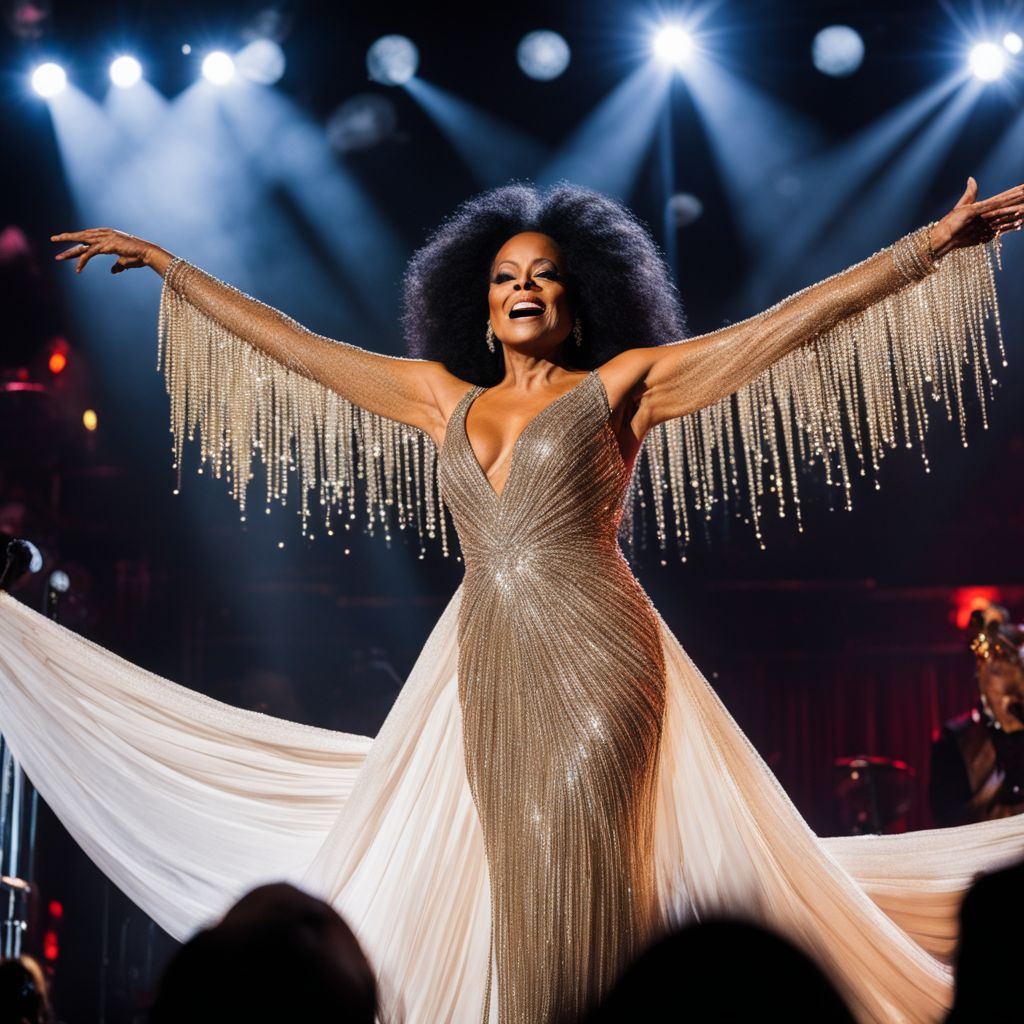 Diana Ross captivates the audience in a well-lit concert.