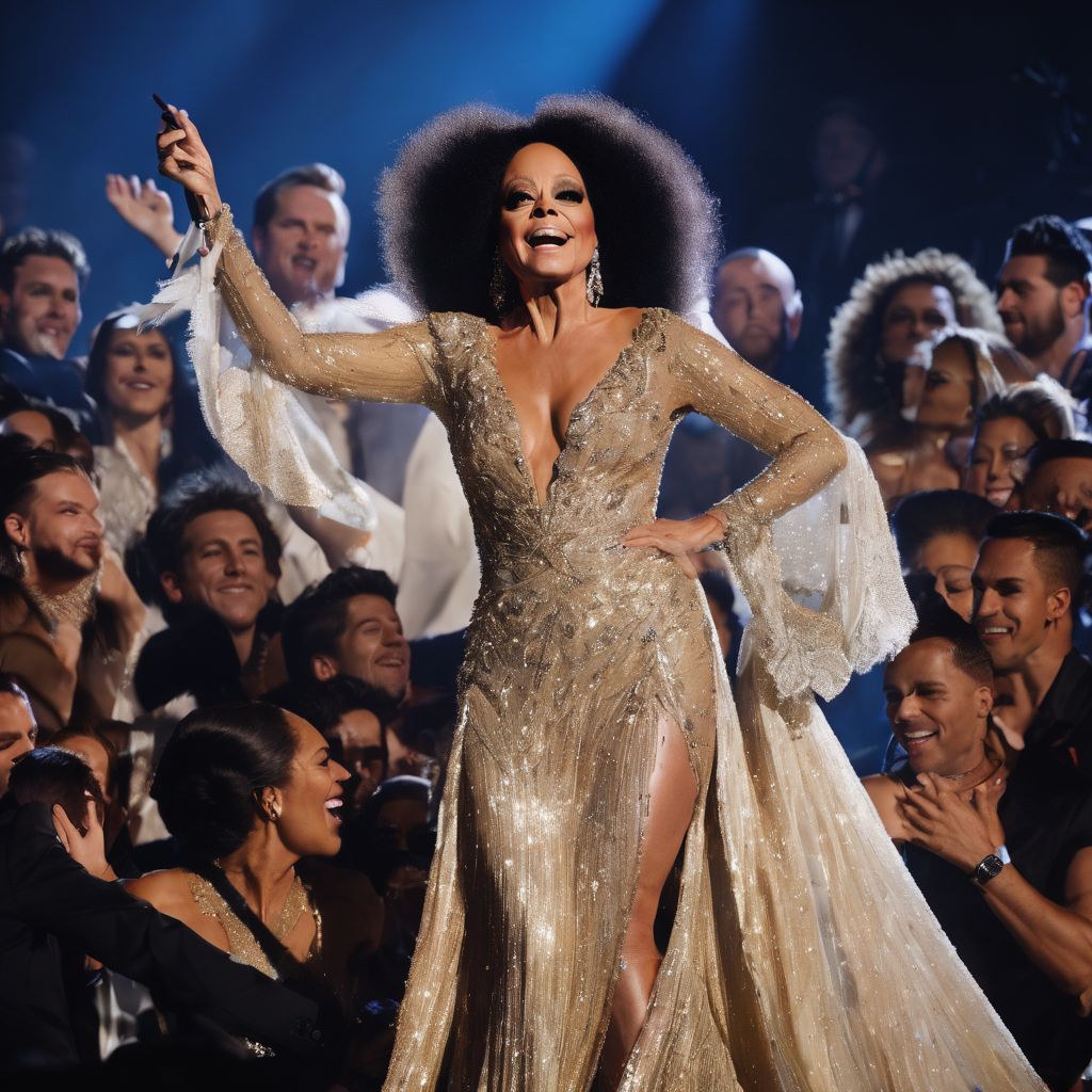Diana Ross performing on a grand stage with adoring fans.