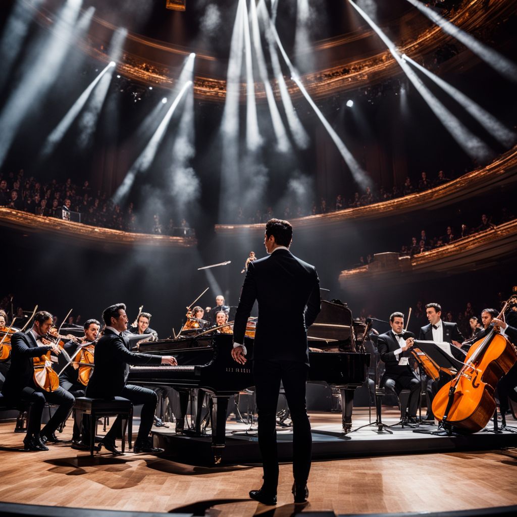 Il Divo performing with a symphony orchestra on a grand stage.