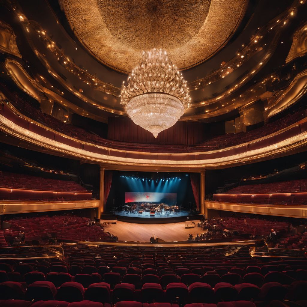 An empty grand concert hall with a well-lit stage.