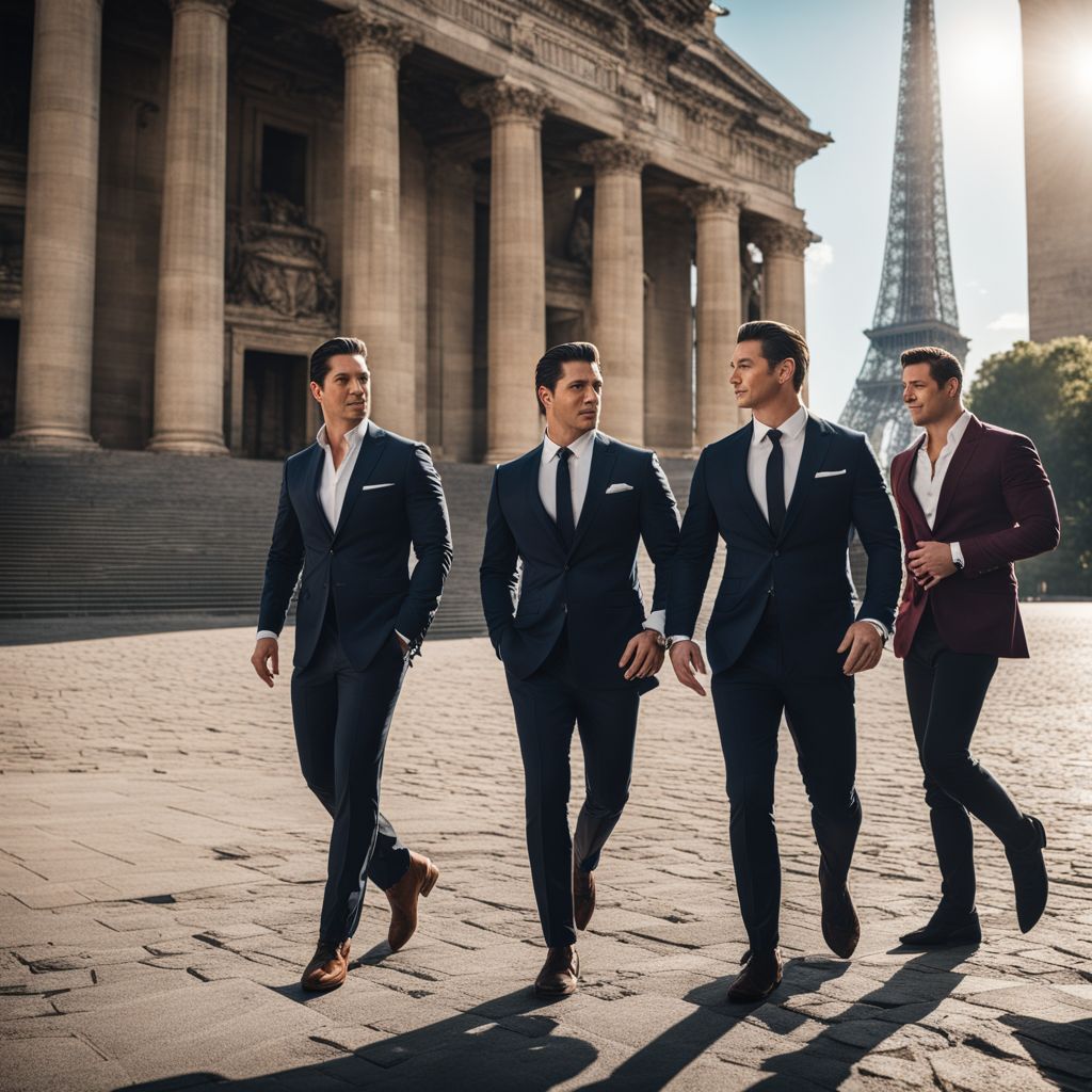 Il Divo posing in front of iconic landmarks in various international cities.