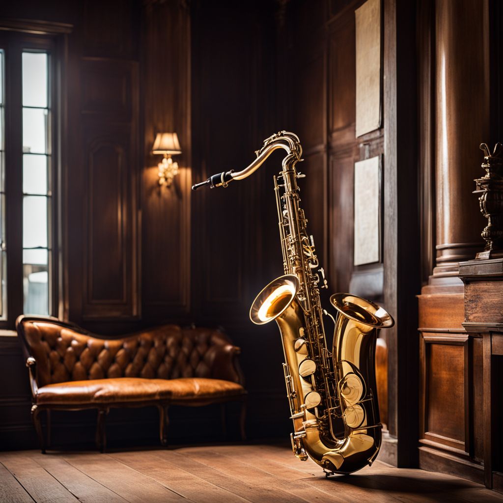 A photo of Dave Koz's saxophone on a vintage stage.