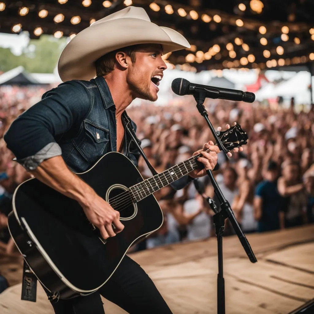 Dustin Lynch performing at a country music festival stage.