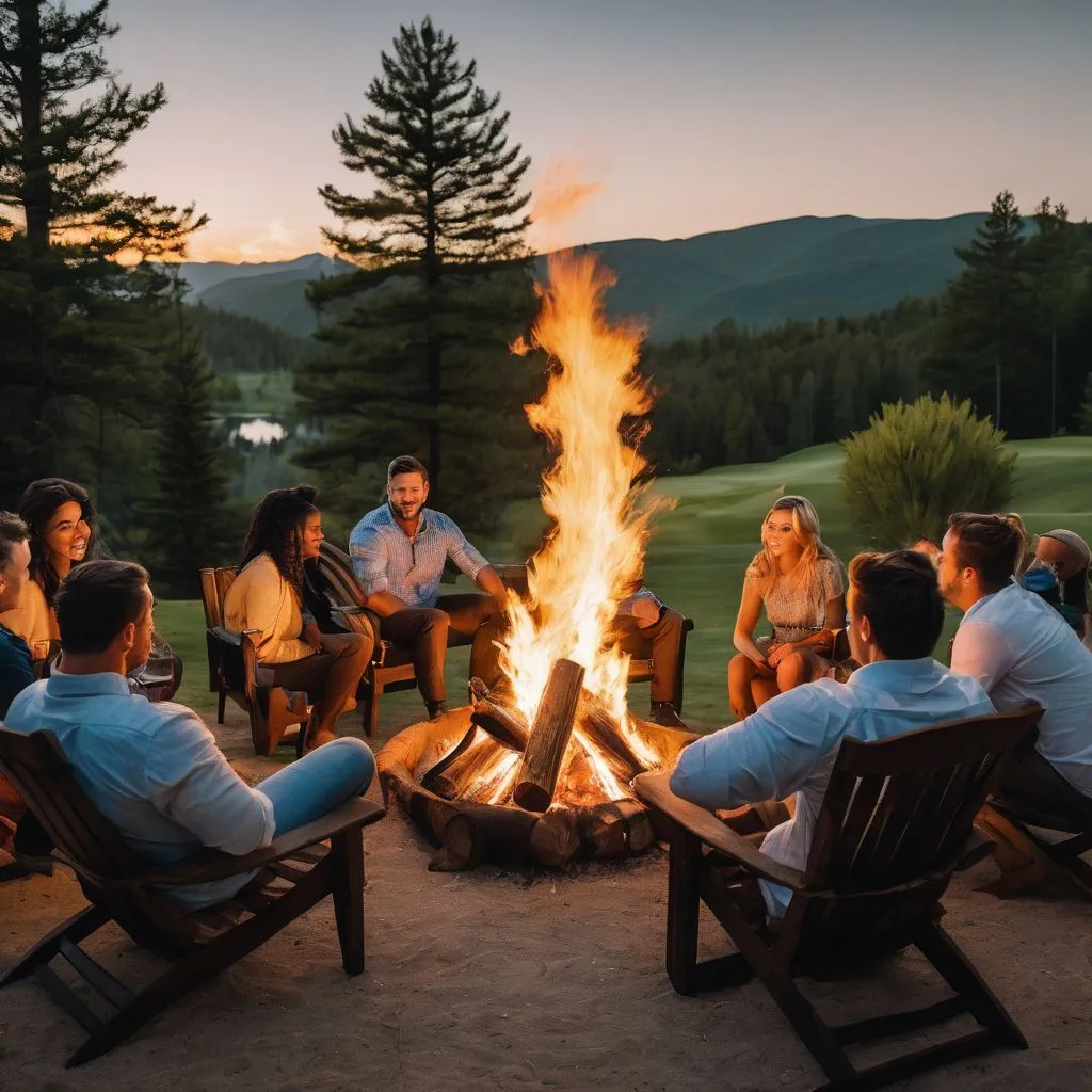 A group of people gathered around a bonfire in a rustic outdoor setting.