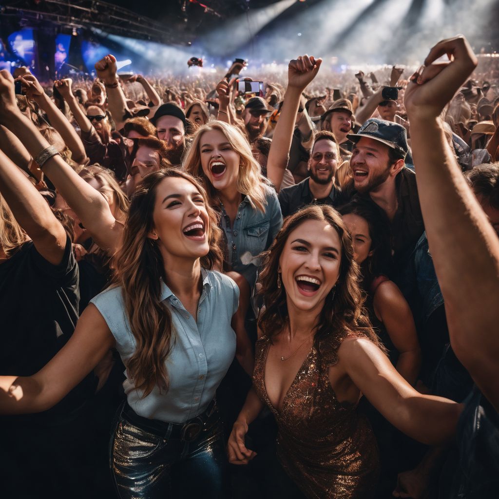 Country music fans cheering and dancing at a lively concert.