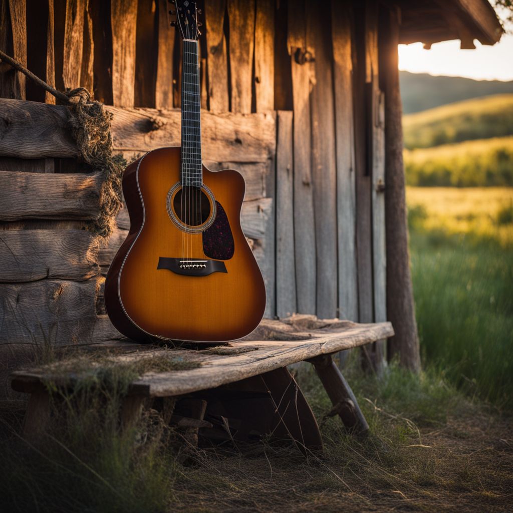 A guitar leaning against a wooden barn in the countryside.