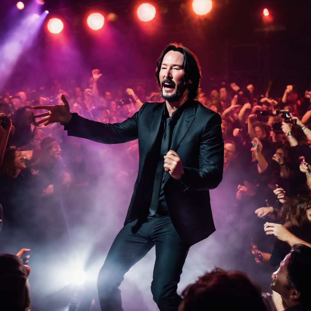 Keanu Reeves performing on stage with Dogstar in front of fans.