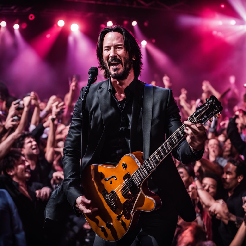 Keanu Reeves performing on stage to an energized crowd.