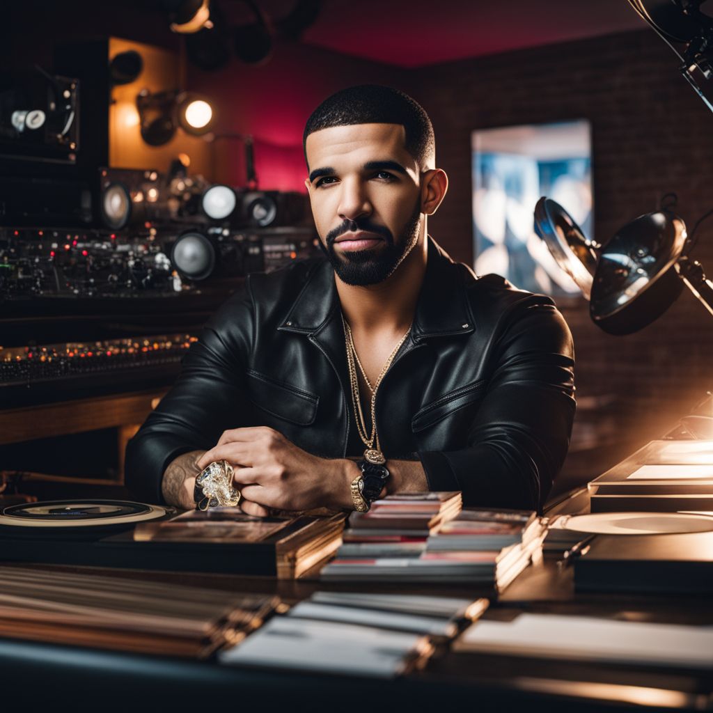 Drake with his award collection in a music studio.