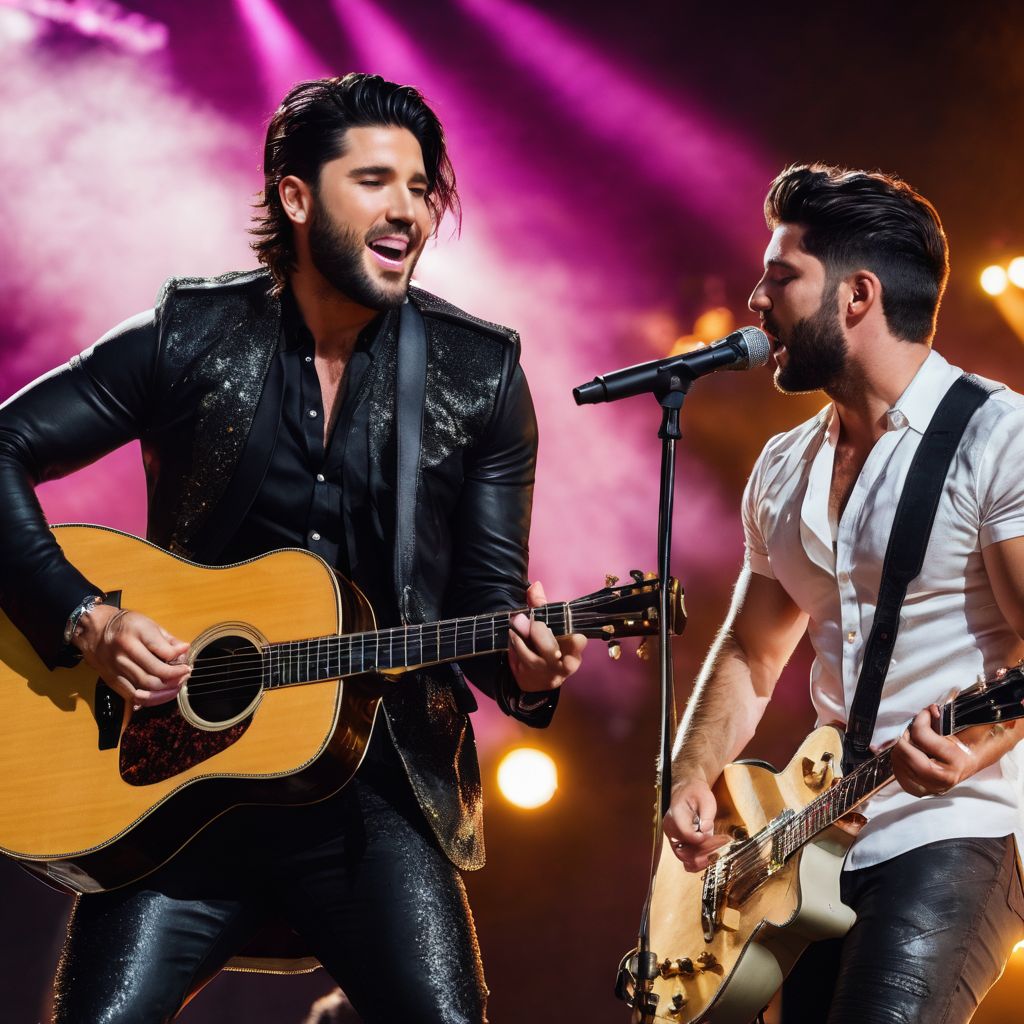 Dan and Shay performing at a concert, surrounded by cheering fans.