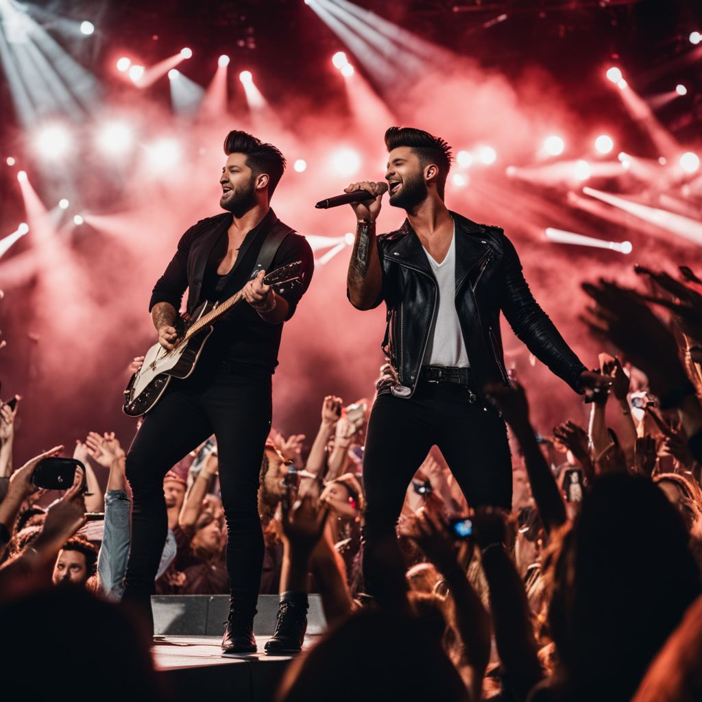 Dan and Shay performing on a grand stage surrounded by cheering fans.