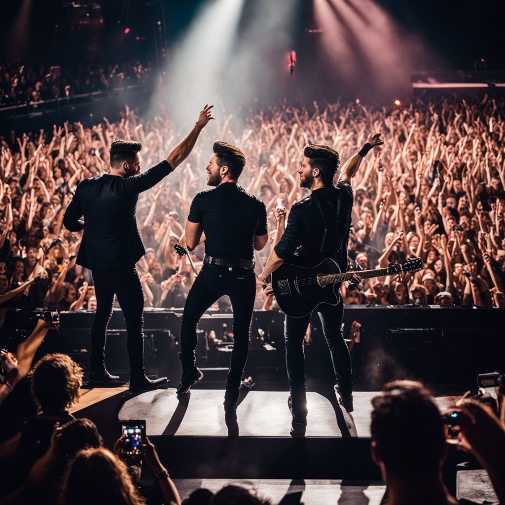 A crowded concert venue with Dan and Shay performing under vibrant stage lights.