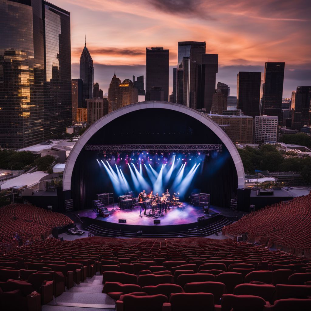 A stage set for a concert at an outdoor amphitheater capturing a bustling atmosphere.