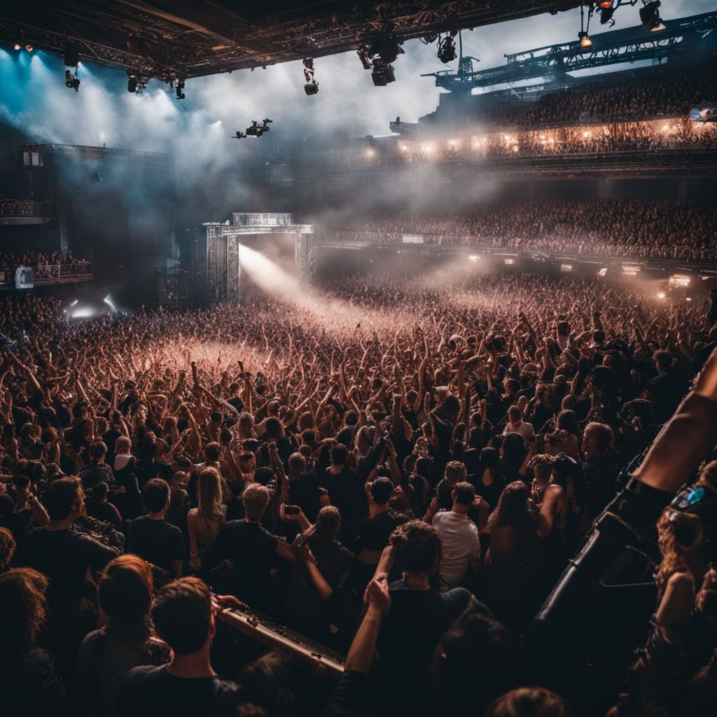 A vibrant concert with enthusiastic fans cheering and dancing.