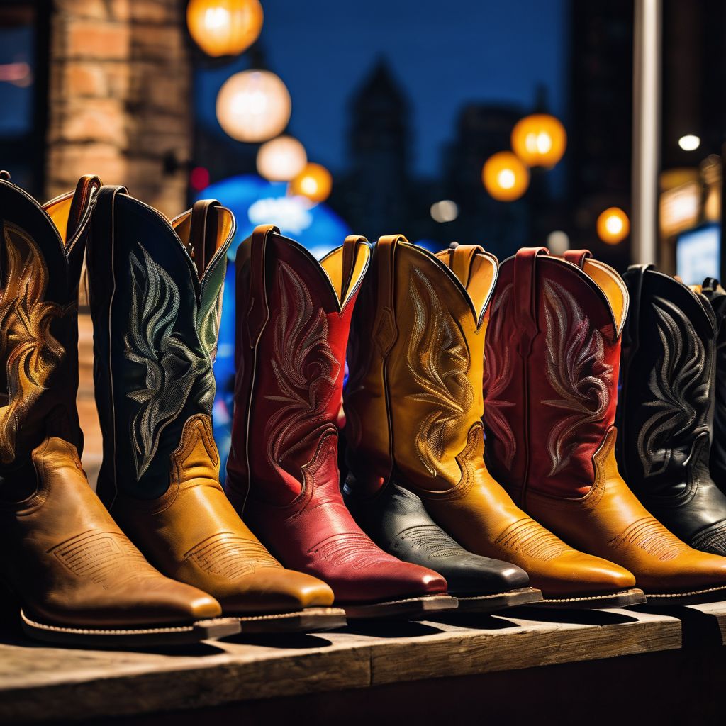 A diverse group of people wearing cowboy boots at a concert venue.