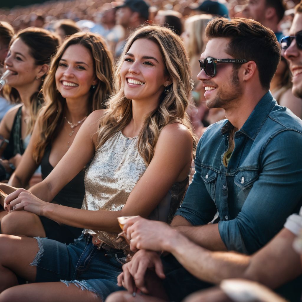 A group of friends enjoying a Dustin Lynch concert at an outdoor amphitheater.