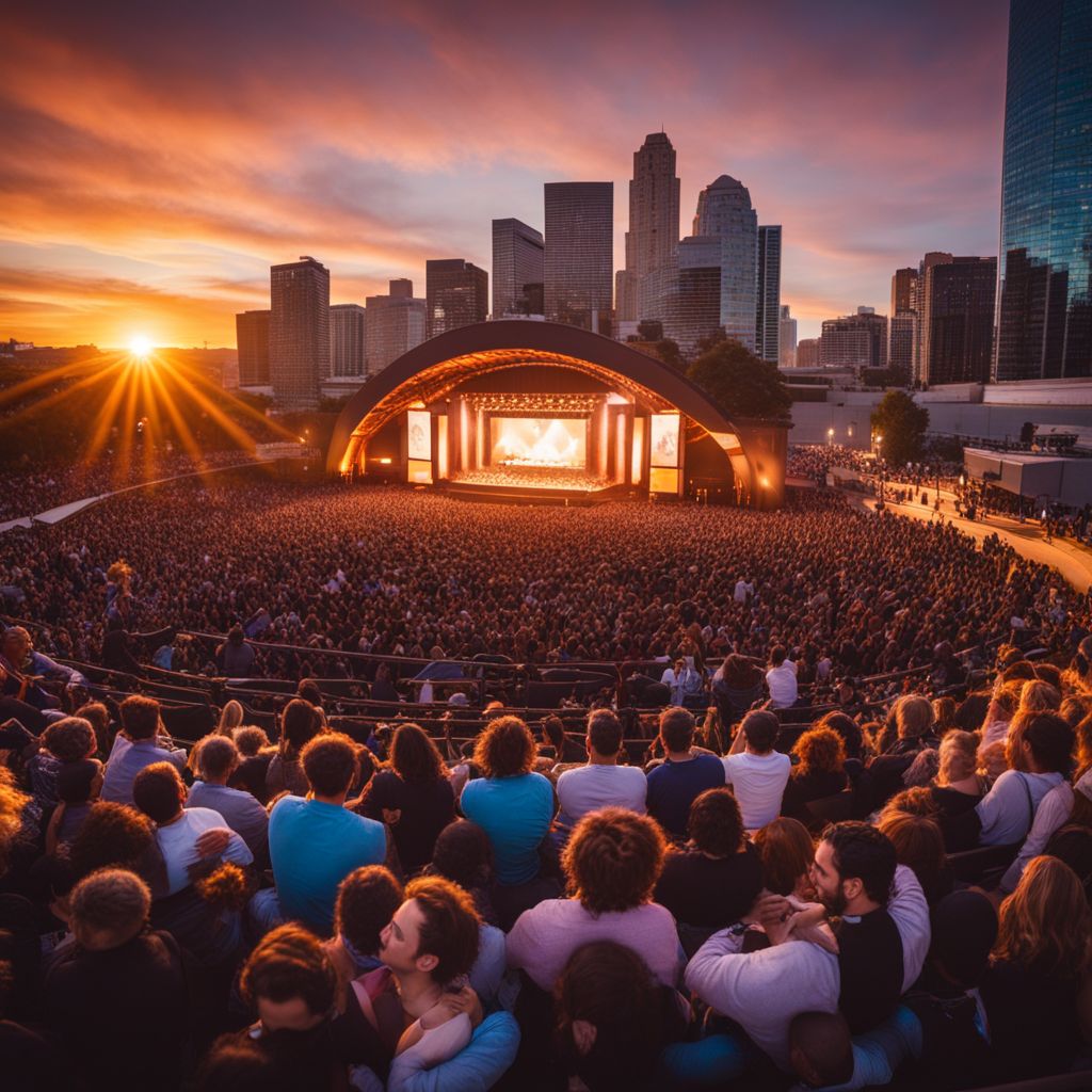 A lively outdoor concert with a diverse crowd enjoying the music.