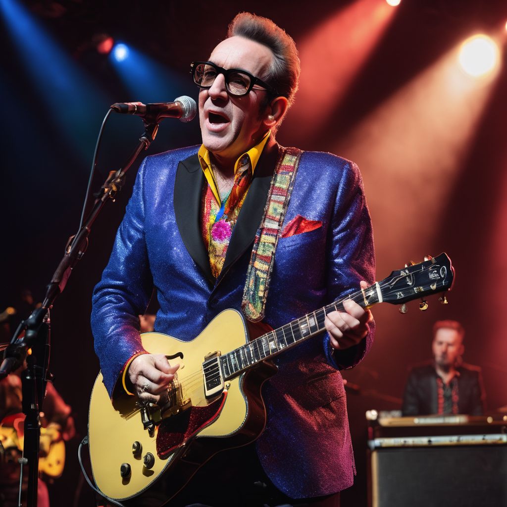 Elvis Costello performing on stage with enthusiastic crowd in concert.