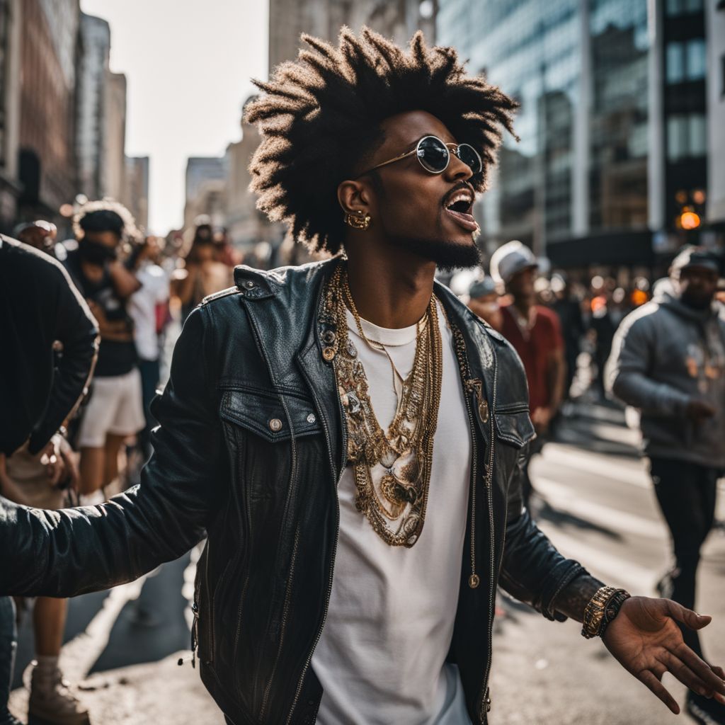Eem Triplin passionately raps in a crowded urban street.