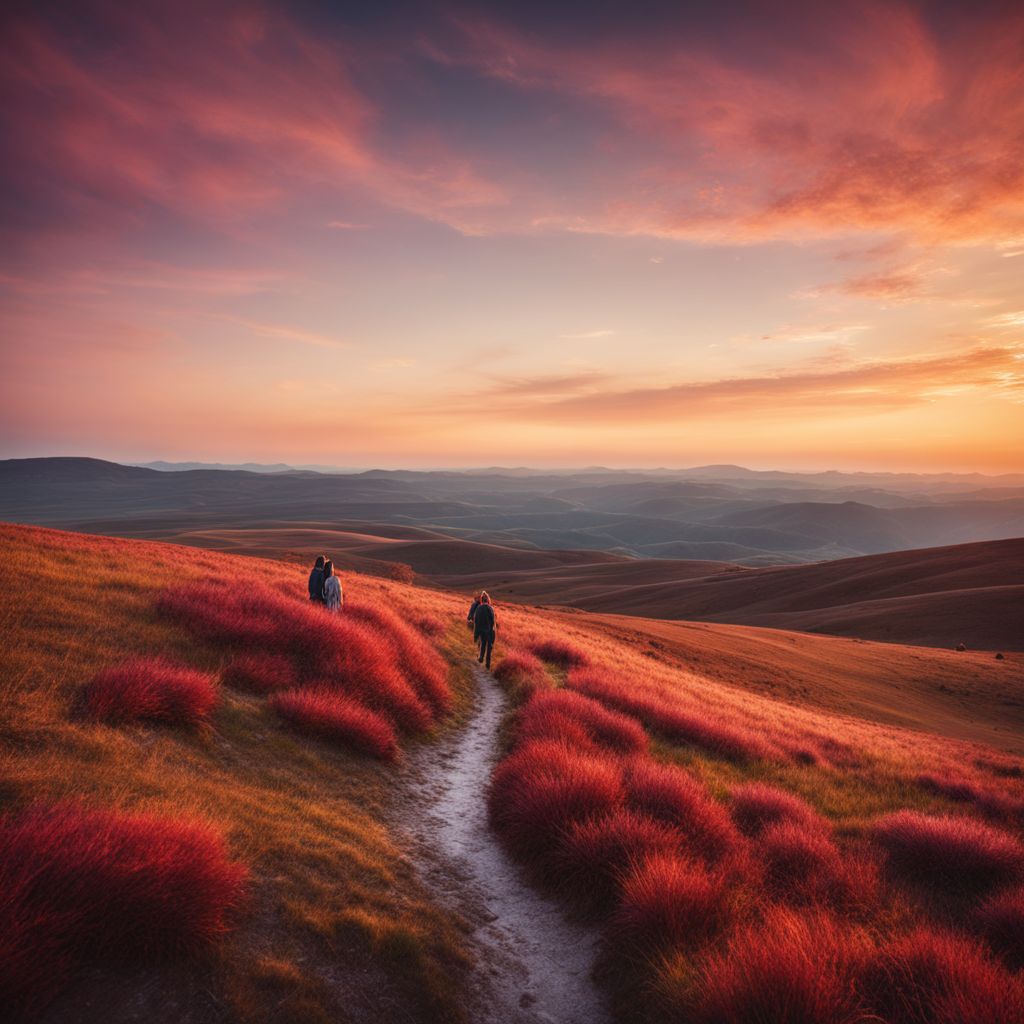 A diverse group of individuals in a vibrant, otherworldly landscape.