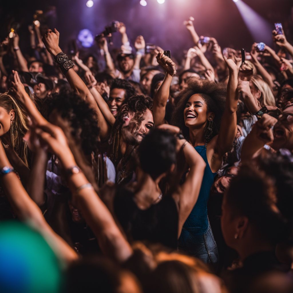 A lively crowd enjoying an El Monstero concert in a city.