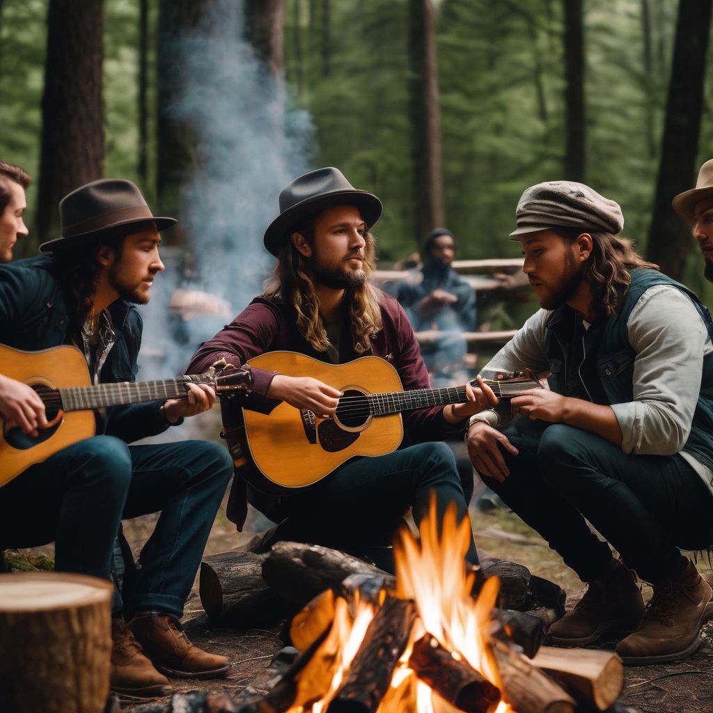 A group of musicians gathered around a campfire in nature.
