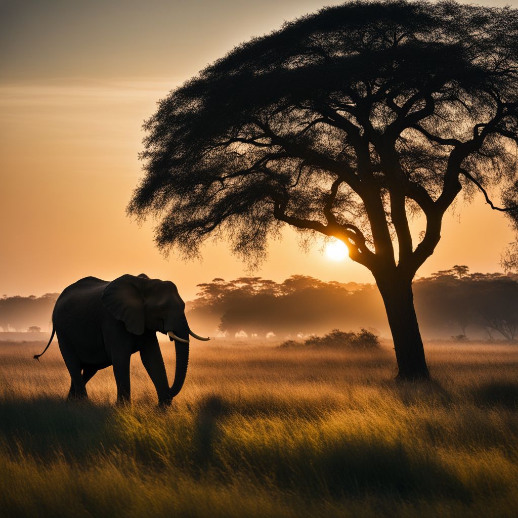 A serene elephant grazing in a sunlit meadow, captured in stunning detail.