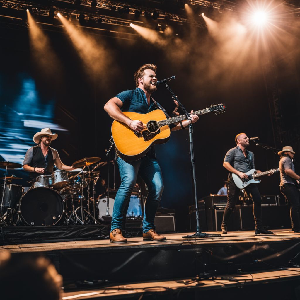 The Eli Young Band performing at a music festival in colorful outfits.
