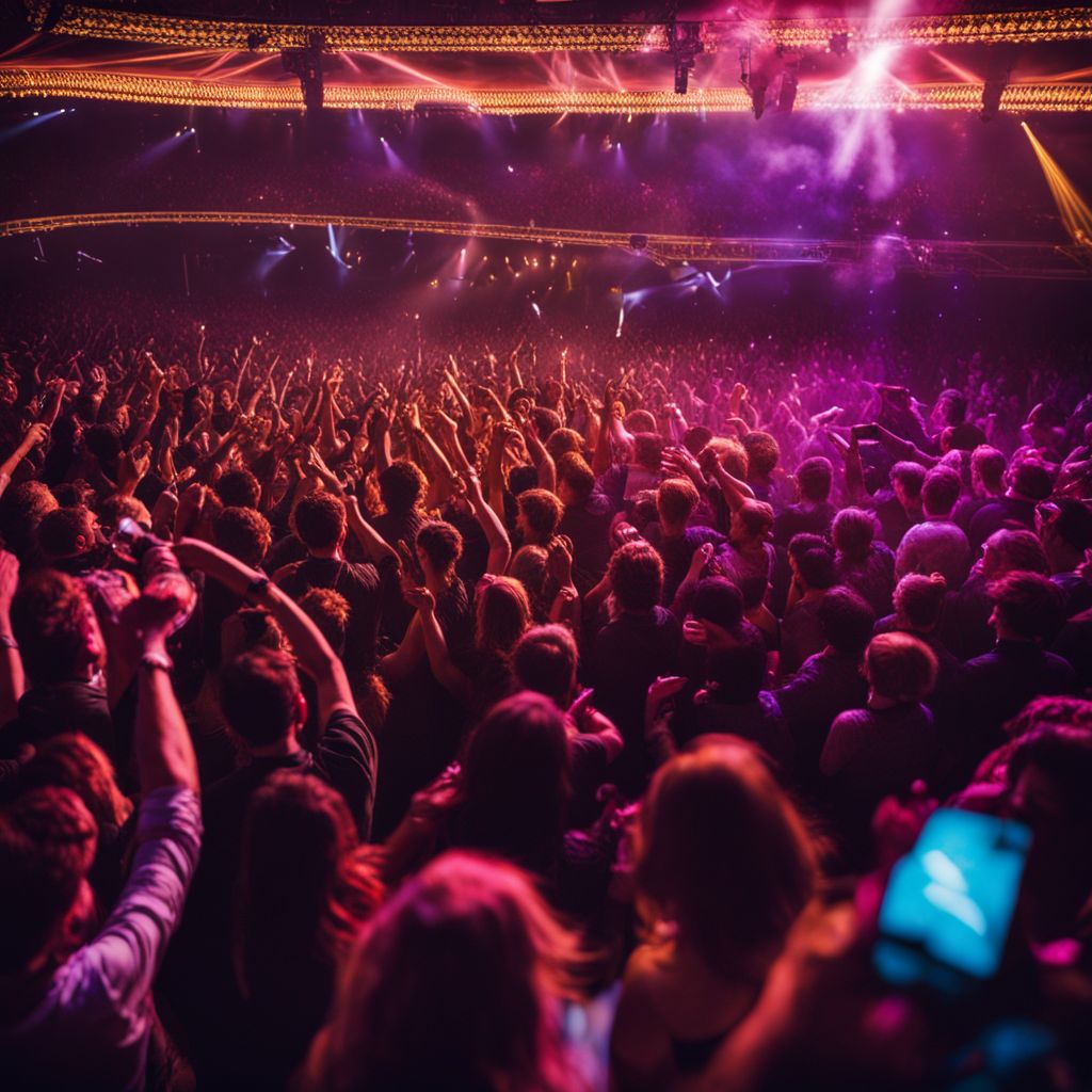 A lively concert crowd in a bustling venue with colorful lights.