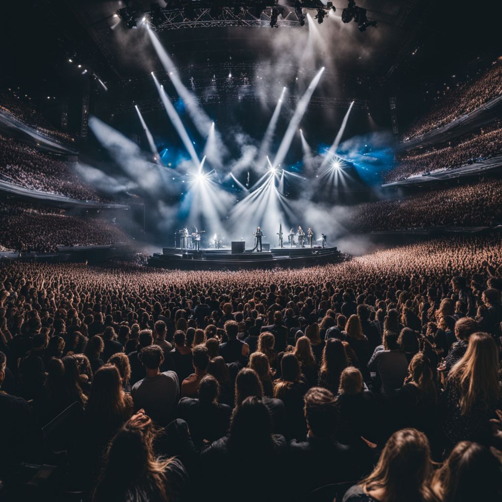 A panoramic shot of a crowded arena during an Elevation Worship concert.