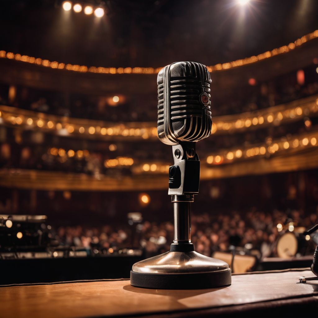 A vintage microphone on a stage with a bustling atmosphere.