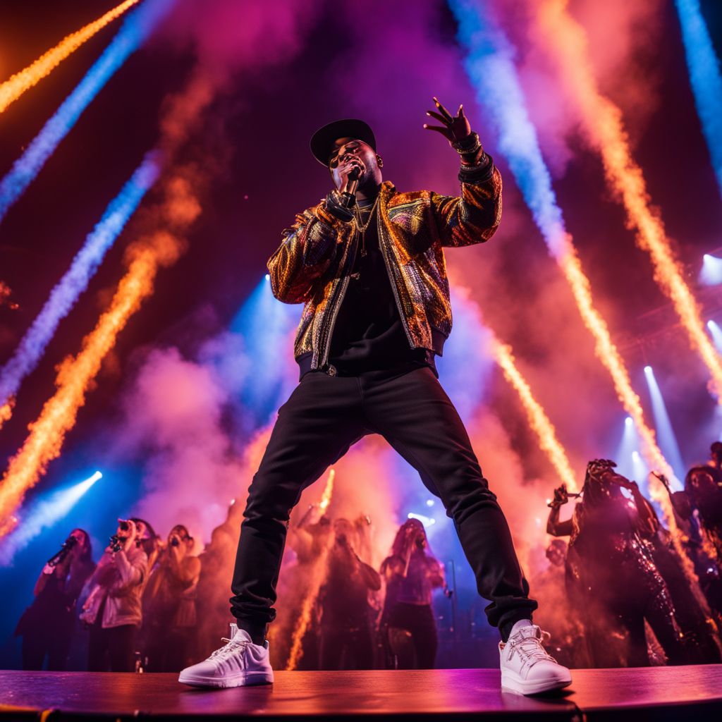 The rapper captivates the audience with a dynamic performance on stage.