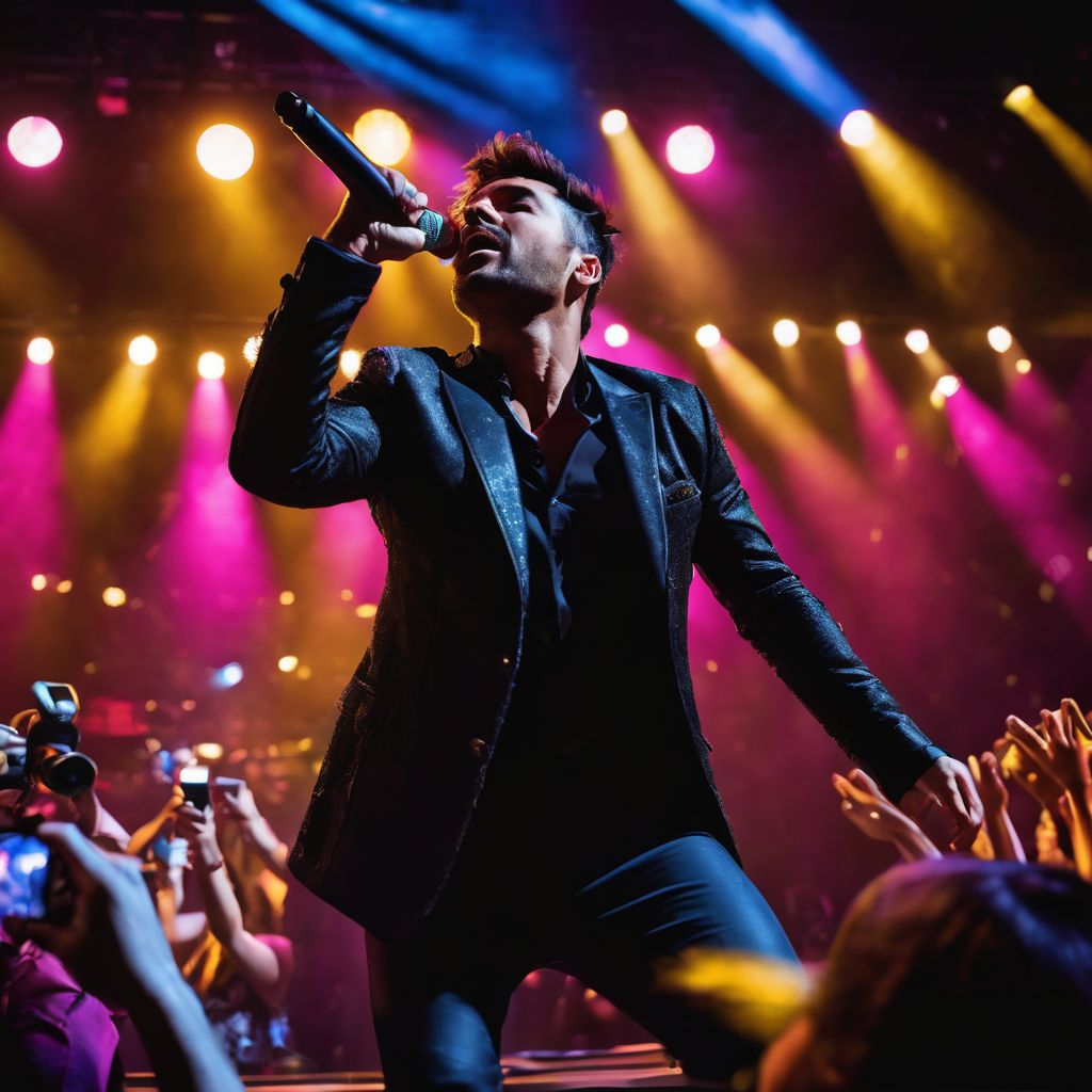 Enrique Guzman performing on a vibrant stage with cheering fans.