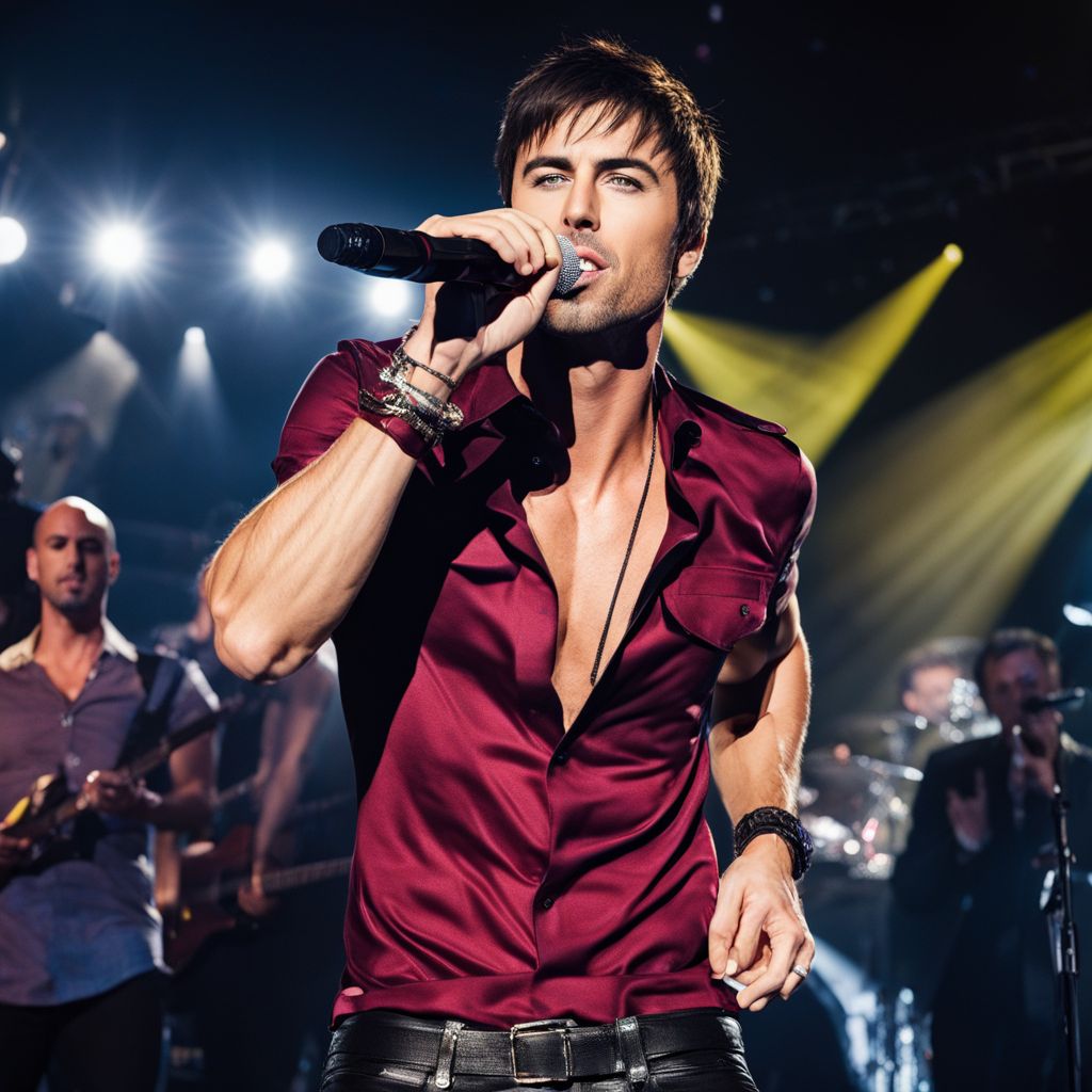 Enrique Iglesias performing on a crowded stage in a bustling city.