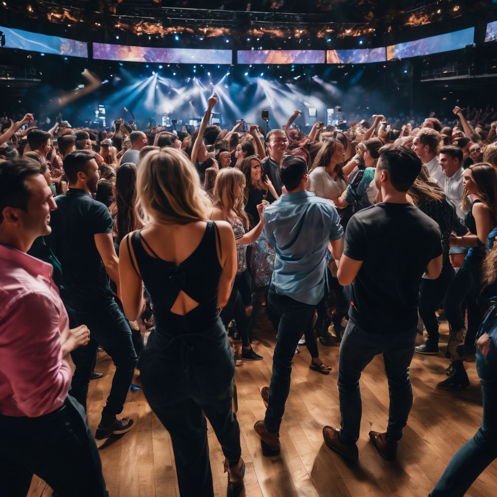 A diverse crowd enthusiastically dances at a bustling concert venue.