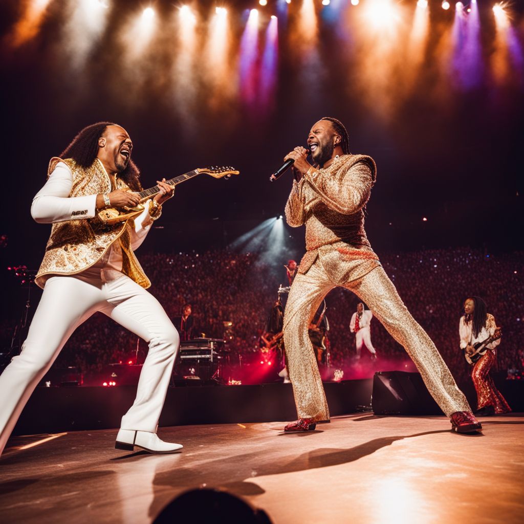 Earth, Wind & Fire performing with fans cheering in a stadium.