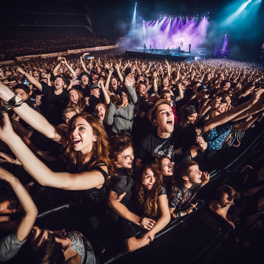 Young fans cheering at a Fall Out Boy concert with a bustling atmosphere.