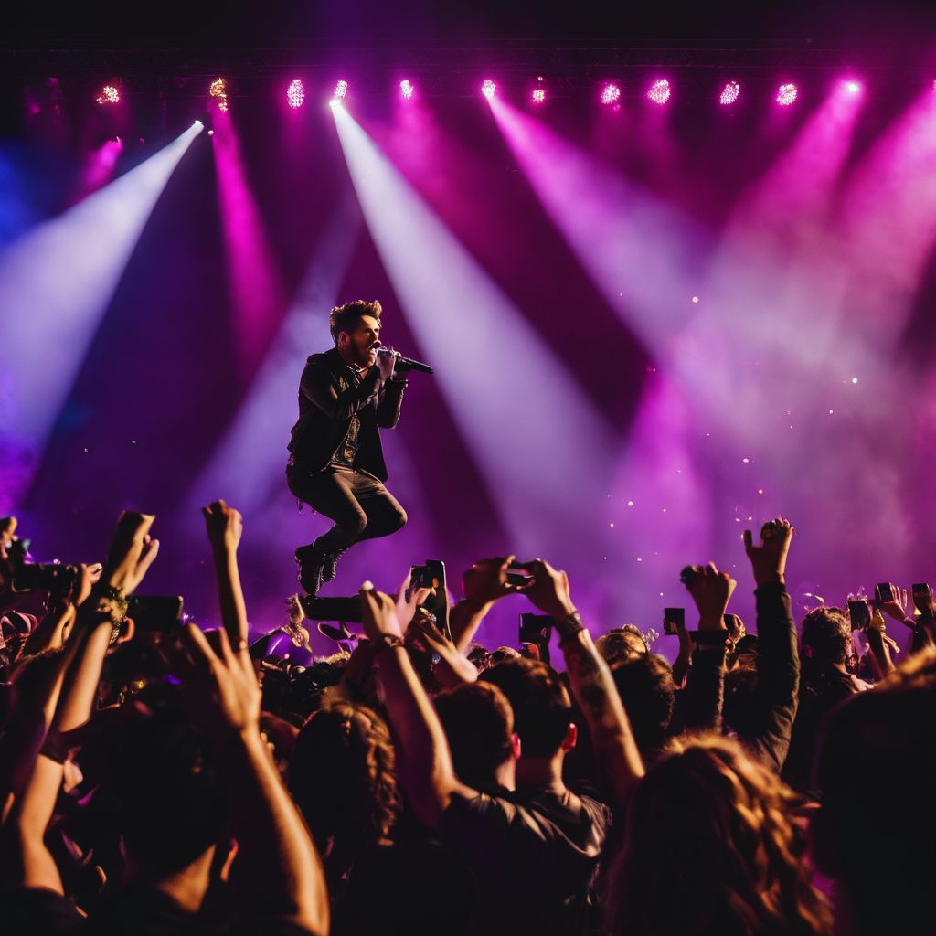 A lively crowd at a Fall Out Boy concert, singing and jumping.
