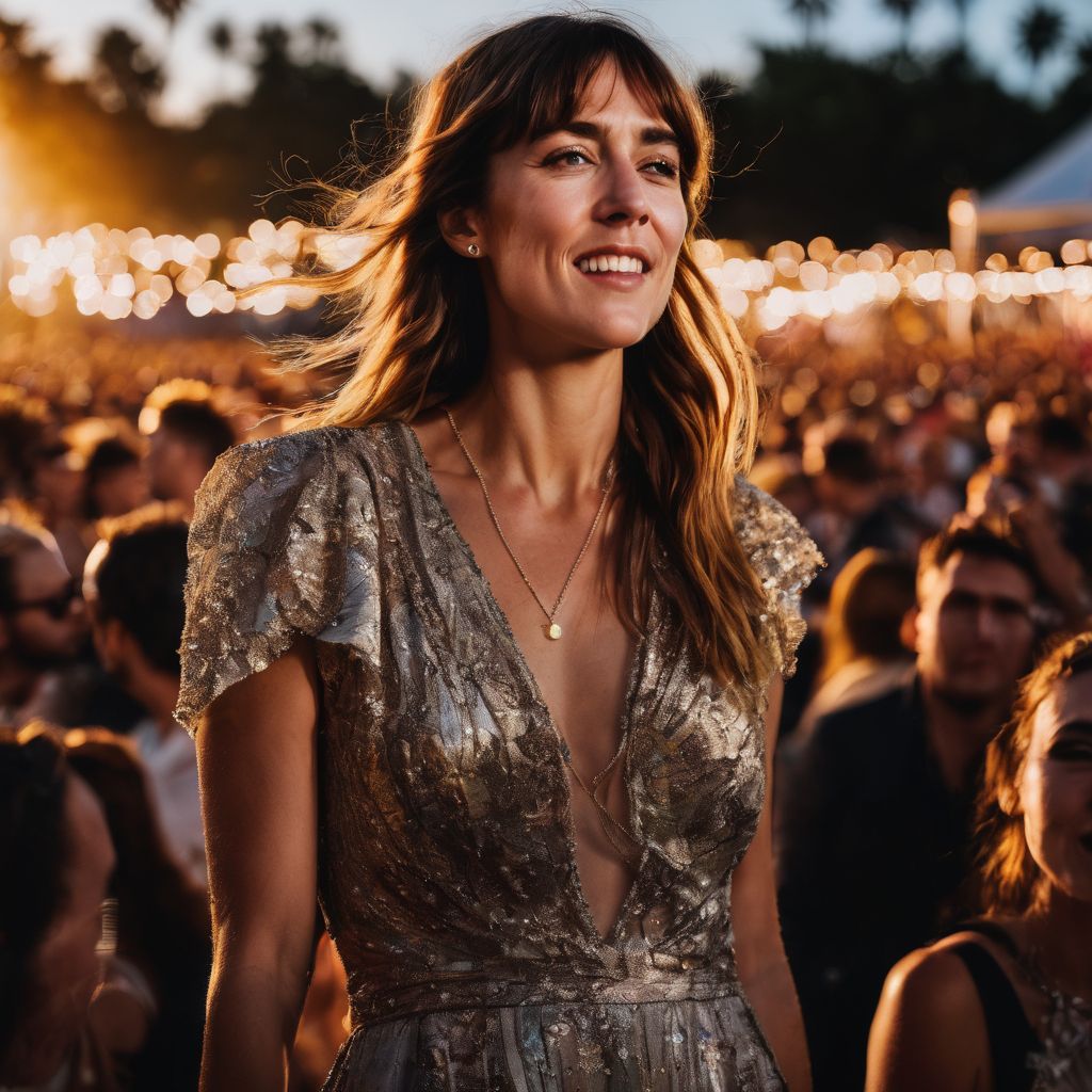 Feist performing at a sunset concert with enthusiastic fans.