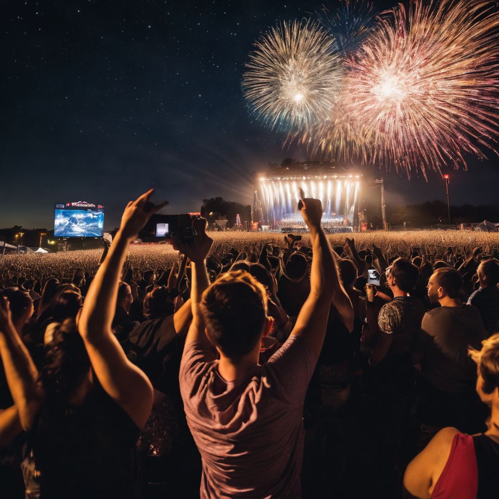 Fans cheering under starry Texas night sky, engaging with band on stage.