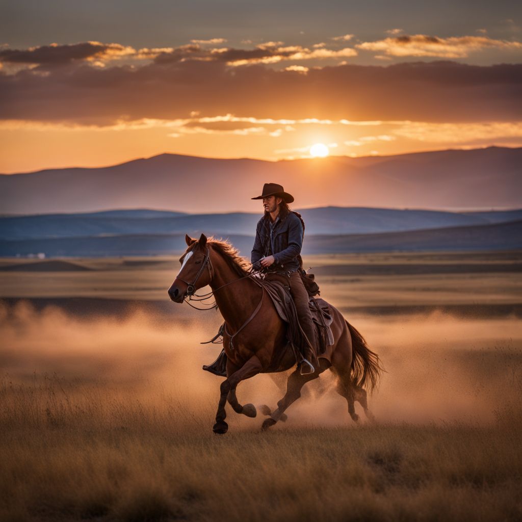 A lone cowboy riding across the open plains at sunset.