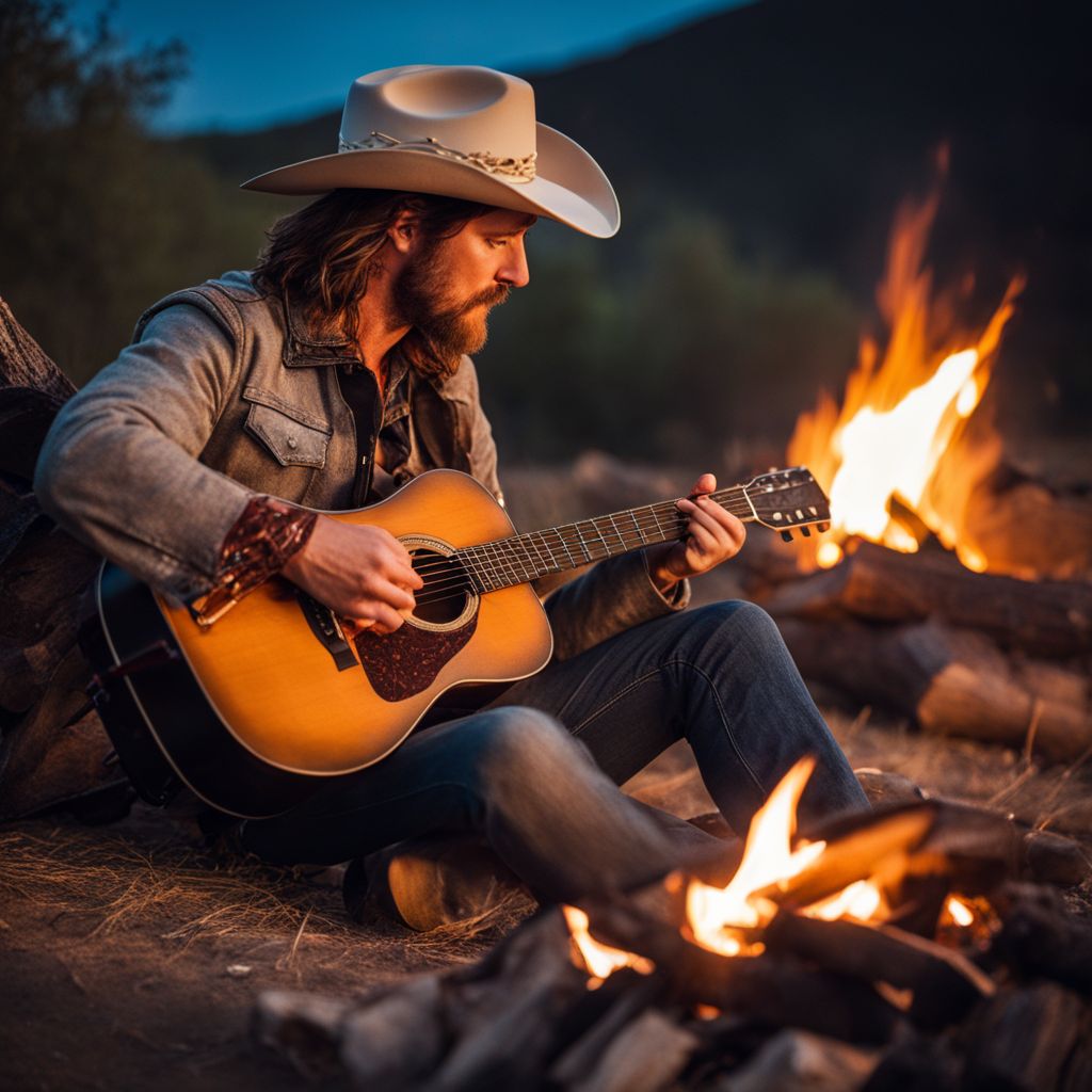 A cowboy playing guitar by a campfire in a natural setting.