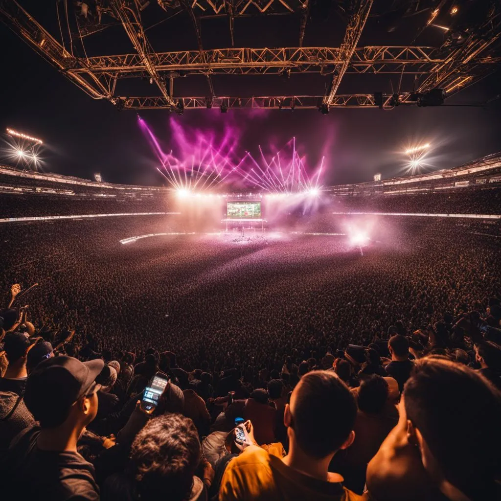 A crowded stadium filled with diverse fans under dazzling stage lights.