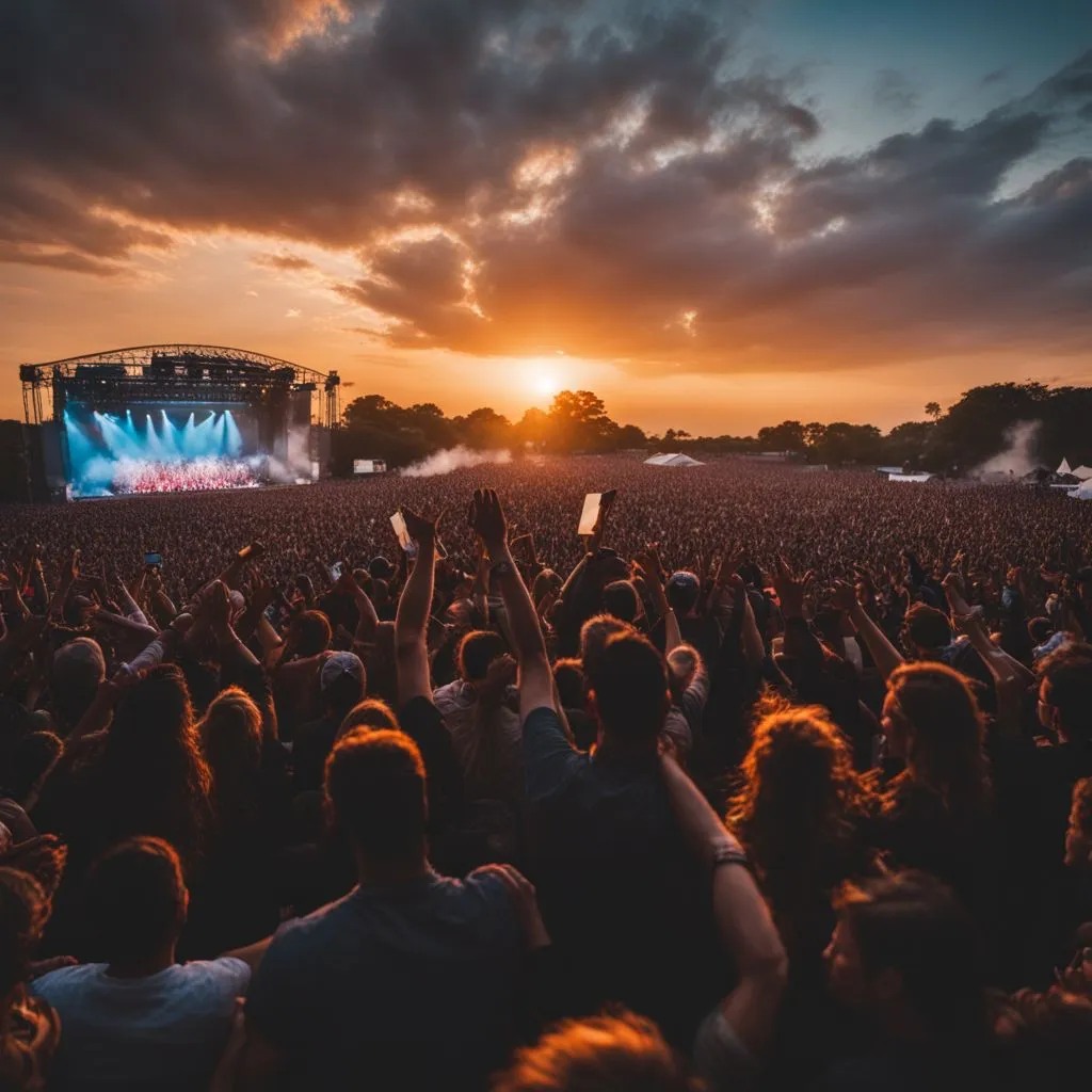 A vibrant concert crowd at sunset, cheering and raising hands.