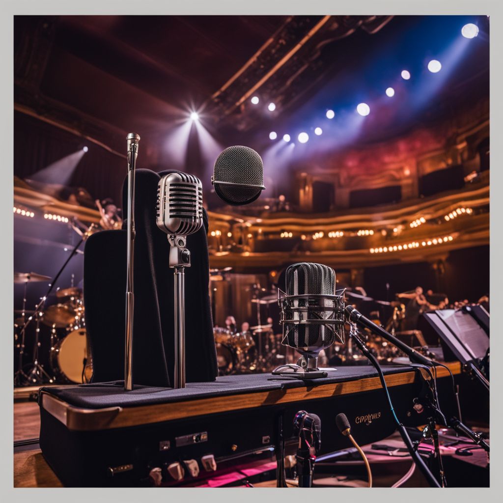 A vintage microphone on a classic stage surrounded by iconic band instruments.